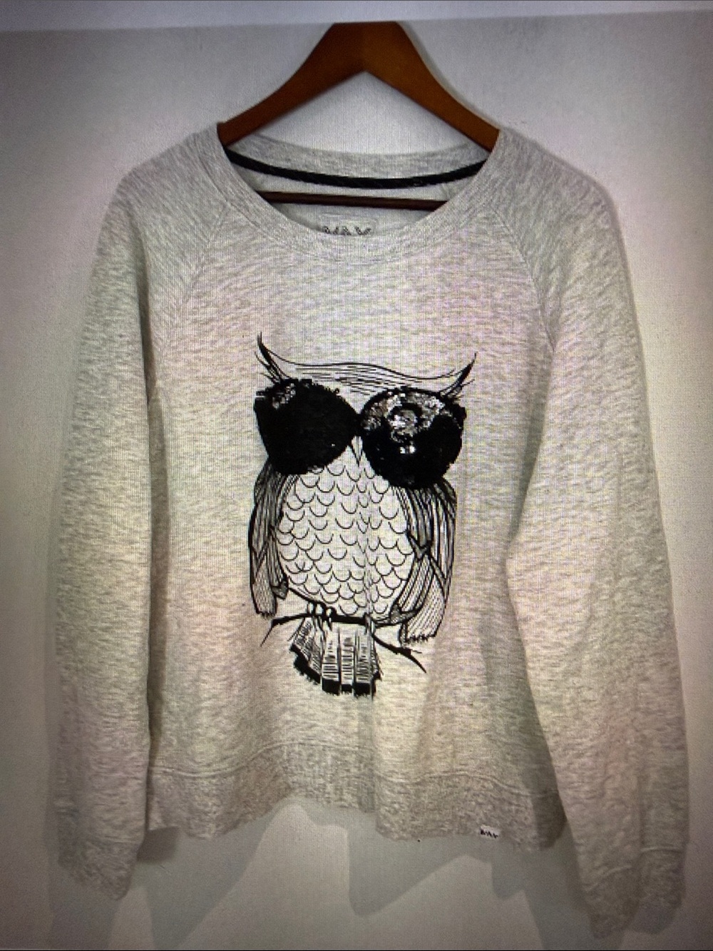 Marc New York Women Gray Black Silver Sequin Eyed Owl Graphic Sweatshirt Size XL